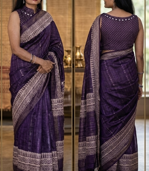 Picture of New Elegant Deep Purple Tussar Silk saree