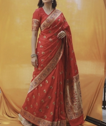 Picture of Crimson Red Banarasi Silk Saree with Rich Meenakari Zari Pallu and Stitched Blouse S