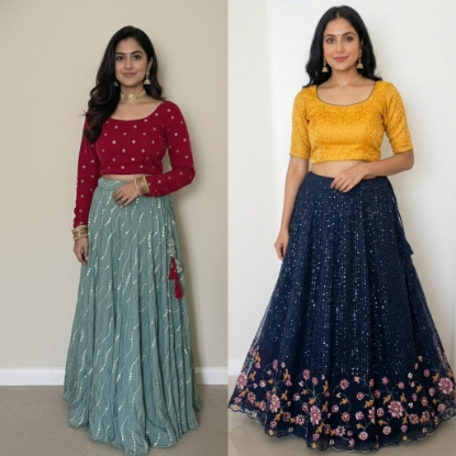 Picture of Combo: Teal blue lehenga with velvet crop top and Navy blue netted lehenga with benaras blouse