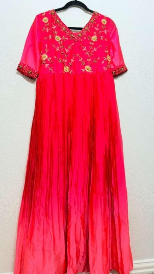 Picture of Pl726 Dual Shaded Peach chinnon Long Frock with Maggam yoke
