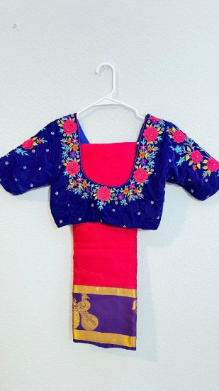 Picture of PL738 Pink and blue paattu saree with 32 work embroidery velvet blouse