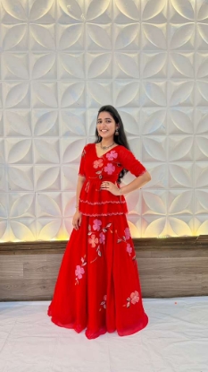 Picture of PL749 Red Georgette Brush painted Peplum Top and Skirt with Swaroski work
