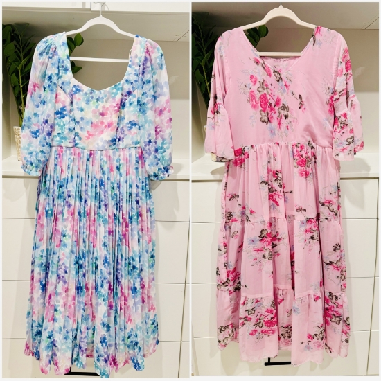 Picture of Pastel Floral Pleated Midi Dress And Soft Pink Tiered Floral Midi Dress