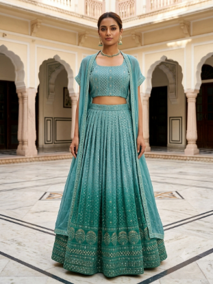 Picture of Gorgeous Turquoise Chikankari Georgette Indo-Western Set with Jacket