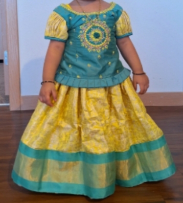 Picture of Peacock Blue & Gold Kids Pattu Langa 1-2y