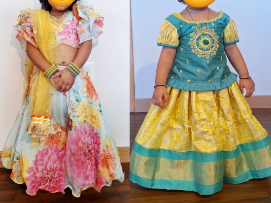 Picture of Little muffet Floral girl lehenga set and benaras pattu langa combo