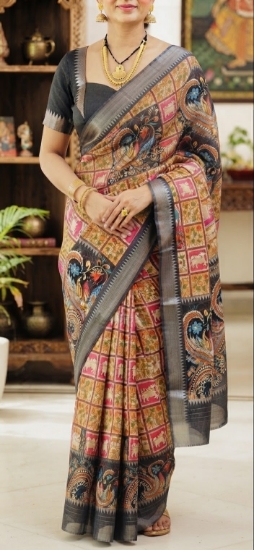 Picture of Pure Mangalagiri Kalamkari pichwai print pattu saree and blouse 
