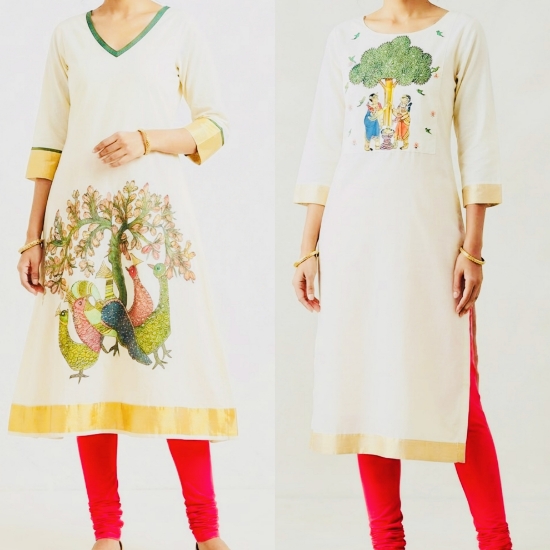 Picture of Combo : Onam Kasavu Hand Painted Kurthi 2 pc 