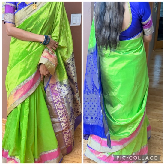 Picture of Lime Green and Purple Silk Saree with Matching Blouse