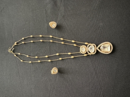Picture of Double-layer Polki Kundan Pendant Set with a gold-beaded chain and matching stud earrings