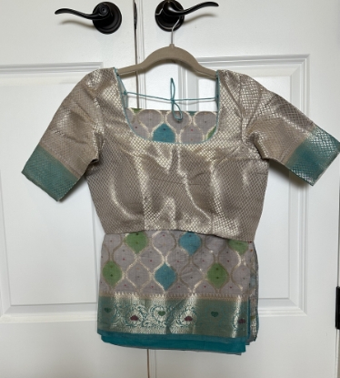 Picture of Grey/teal blue benaras rangkat style saree