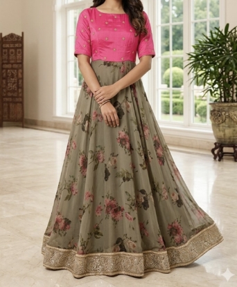 Picture of Grey/pink floral organza dress