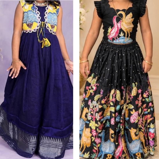 Picture of Pure Mangalagiri pattu frock & pure kalamkari chinon crop top 4-6Y
