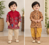 Picture of Pure chinon kalamkari kurta set and Patola print pancha set 1Y