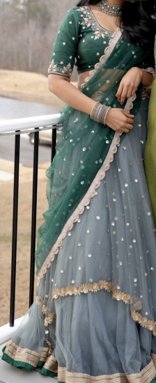 Picture of Green and grey fancy half saree 