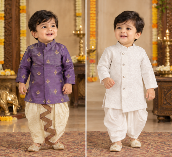 Picture of Pure raw silk maggam work and white chikankari kurta set 1-2Y 